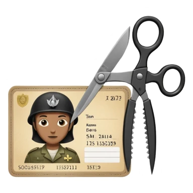 Floating black Scissors cutting in half an idf soldier ID card with a little chip in 2 parts sticker