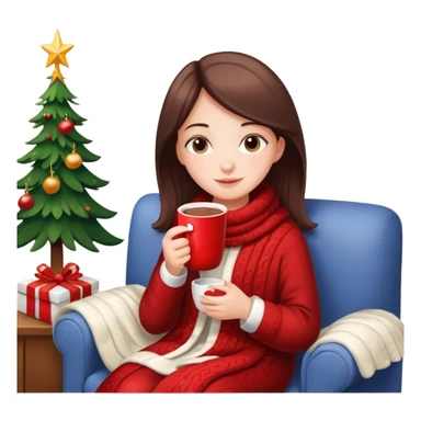 Girl celebrate christmas on the sofa, with hot chocolate, warm sock, warm blanket sticker