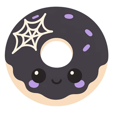 kawaii style gothic donut, happy face, black icing with spiderweb design, purple and white accents, sweet and mysterious sticker