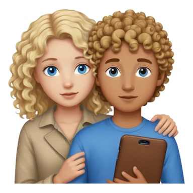 blonde girl with blue eyes holding a brown teenage boy with curly hair  sticker