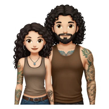 a pretty bratz fair girl with black long curly hair in a brown tank top with tattoos standing with a handsome tattooed tall guy sticker