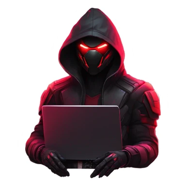 developer behind his laptop with this style : crysis Cyberpunk Riot Games Valorant neon glowing bright red character red dark black hooded assassin themed character sticker