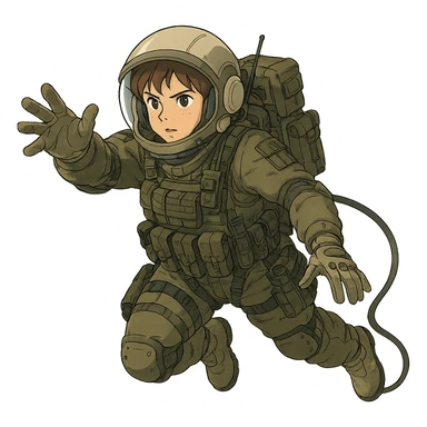 a tactical female space warrior floating in zero-g EVA operations, reaching in front of her sticker