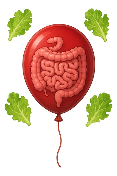 intestino chiuso in un palloncino rosso e foglie di insalata che fluttuano intorno sticker