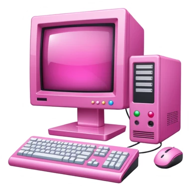 shiny pink transparent sparkly 90s computer with CRT monitor, keyboard, PC tower, mouse sticker
