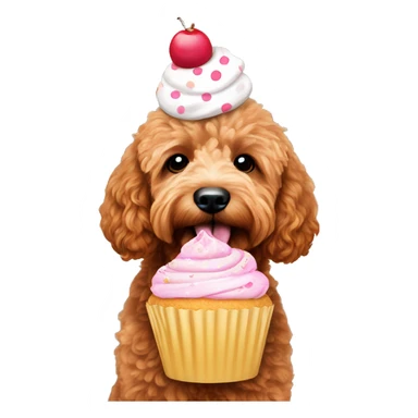 Red mini goldendoodle with a cupcake sticker