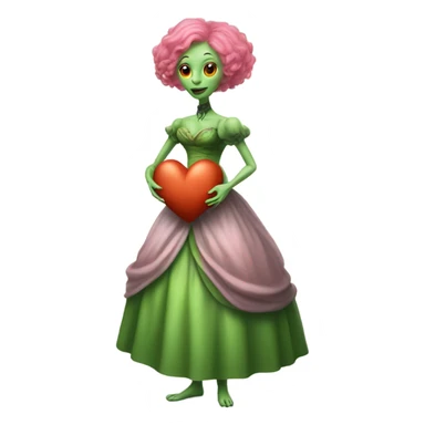 a green alien woman in Victorian orange dress, pink hair,holdig, red big hearth, full body sticker