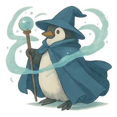 penguin wizard with a flowing cloak and magical aura sticker