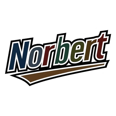 Norbert name in masculine, modern, gradient font with precise Hungarian characters, dark outline, extra thick, prominent white letter frame as in sample images, dynamic slanted underline, masculine color shades (blue, gray, burgundy, green, brown), 1000x1000 px, PNG, transparent background sticker