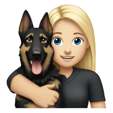 blonde girl who has blue eyes hugging an all black female german shepherd  sticker