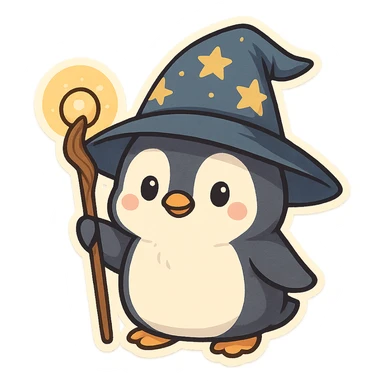 a penguin dressed as a wizard, with a pointy hat and a magic staff, in a fun and whimsical style sticker