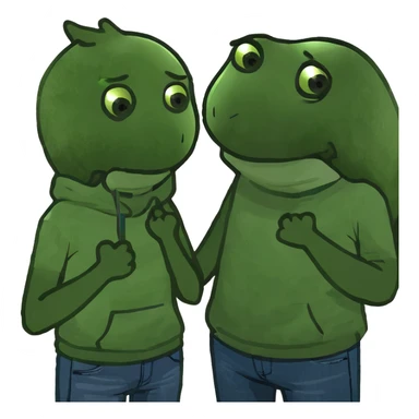 Person holding neck crossed hands with younger out sticker