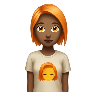 A girl with orange hair, with a beige T-shirt sticker