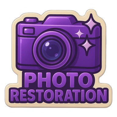 Retro logo for photo restoration featuring a vintage camera and sparkles, changed to purple color style, no background. sticker