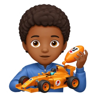 black kid playing orange colored formula 1 toy sticker