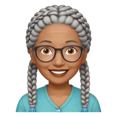Older woman of color with gray braids, glasses and smiling sticker