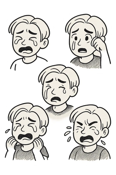 Redraw this character in five different variations, each crying but with different tears, facial expressions, and crying styles. Keep the character recognizable. Transparent background. sticker