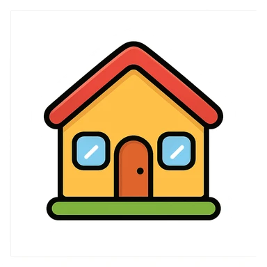 cute cartoon house icon, rounded shapes, friendly appearance, red roof, modern icon style sticker