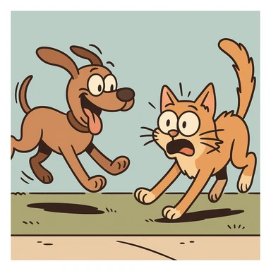 a cartoon dog with a remote running after a surprised cat, lively and dynamic, fun scene sticker