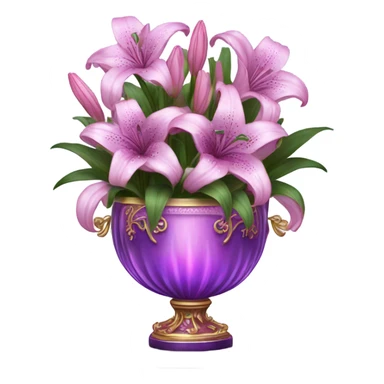 A luxurious bouquet of violet lilies in an ornate Pink crystal vase, placed on an antique wooden table with soft candlelight reflecting off its petals. sticker