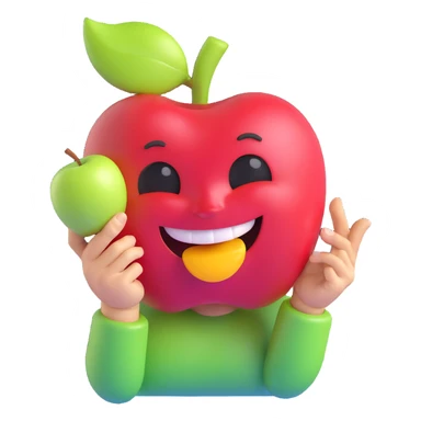 cheerful face holding a bitten apple, glossy and colorful, playful expression sticker