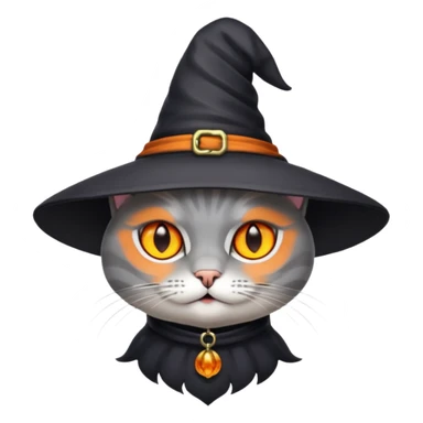 Grey cat with orange eyes with witch hat sticker