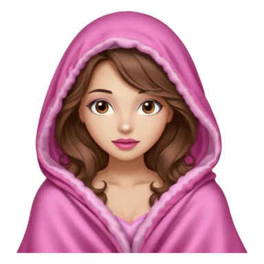 girl with long wavy brown hair, brown eyes, long lashes makeup, sexy pink lips, light to medium complexion, wearing a pink sexy silk top, big blanket over the head cozy holding a cat, remove the cat ears on the hood sticker