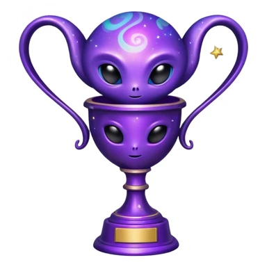 An alien trophy with cosmic colors, deep purples and blues, galaxy swirls, and tiny stars embedded in the design sticker