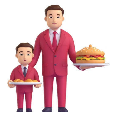 A businessman in a crimson suit with a waiter sticker