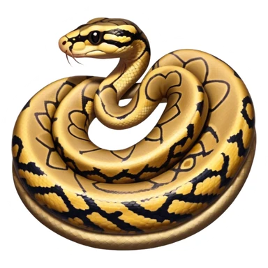 A photo-realistic top-down view of a Ball Python gently coiled into a tight spiral, with its head resting peacefully at the center. The pattern flows smoothly around the curves of its body, emphasizing its natural camouflage and calm demeanor. sticker