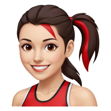 Melanie chisholm with a dark brown high ponytail with a red streak through it, wearing athletic attire and smiling sticker