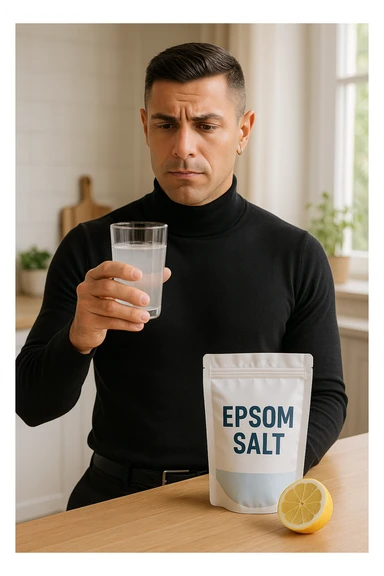 A realistic, bright photo-style image of a young man in his 30s standing in his kitchen, holding a clear glass filled with water in which Epsom salt (magnesium sulfate) has been dissolved. He looks focused but slightly uncertain as he prepares to drink it for a liver flush or digestive cleanse. The glass shows slight cloudiness from the dissolved salt. On the counter are a packet labeled 'Epsom Salt' and a sliced lemon, suggesting he might use it to mask the taste. The setting is clean, natural, and bright with neutral tones. The background shows sunlight streaming through a window, emphasizing a clean, minimalist health-focused environment. The mood conveys a realistic, calm moment of self-care with a hint of discomfort, illustrating a natural detox practice sticker