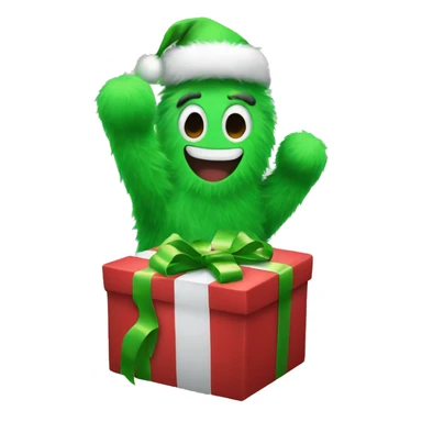 A green furry hand holding a Christmas gift  sticker