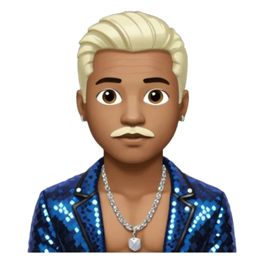 Sisqó with platinum blonde hair, black sequin jacket, shirtless with necklace, dark skin, dark brown thin mustache sticker