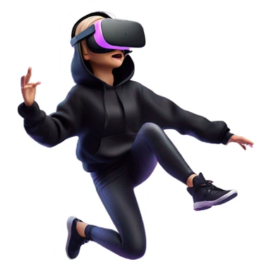 Russian girl wearing black hoody with violet letters "OMG", in vr headset oculus quest2. jumping. Cyberpunk style. Violet neon. sticker