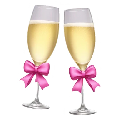 2 Champagne glasses tilted and the top touching each other with pink bow sticker