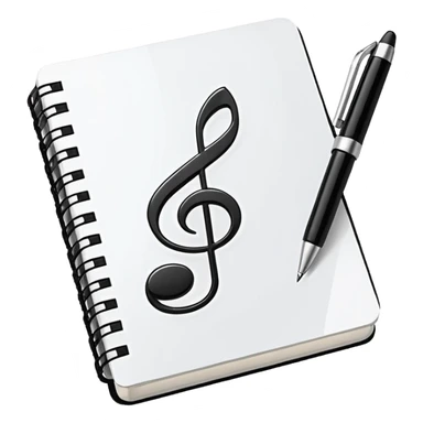 Minimalistic flat vector icon, iOS style, thin black contour on white background. Small notebook with a musical note on the cover, a pen placed next to it. Clean, modern, no text, no shadows. sticker