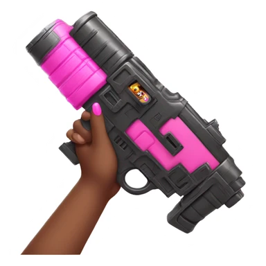 brown hand with pink nails holding large scary dark nerf gun sticker