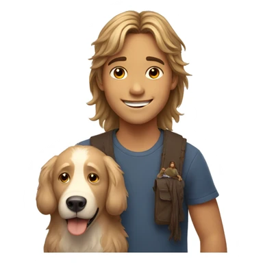 smiling boy with bears and long hair with dog indoors sticker