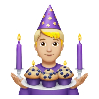 Man with blonde hair wearing purple shirt and a party hat holding several blueberry muffins either candles in them  sticker