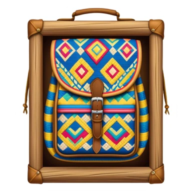 Cinematic Realistic image of a traditional Colombian mochila, rendered with detailed woven textures and vibrant patterns, set against a rustic backdrop with soft, cultural lighting sticker