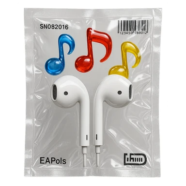 pair of white EarPods with three floating transparent glass music notes in primary colors, glossy and inflated, vacuum-sealed style sticker