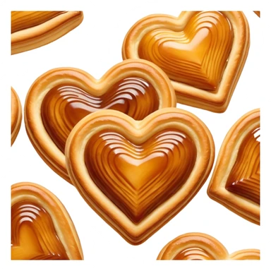 Cinematic crisp palmier, golden-brown heart-shaped pastries, perfectly caramelized layers, delicate and flaky, warm glowing background, inviting and delicious. sticker