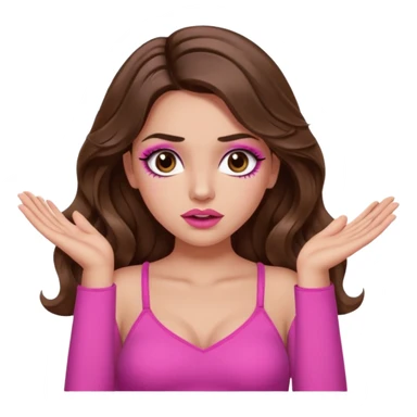 girl with long wavy brown hair, brown eyes, long lashes makeup, sexy pink lips, light to medium complexion, pink sexy top, two hands up, shrugging, confused sticker