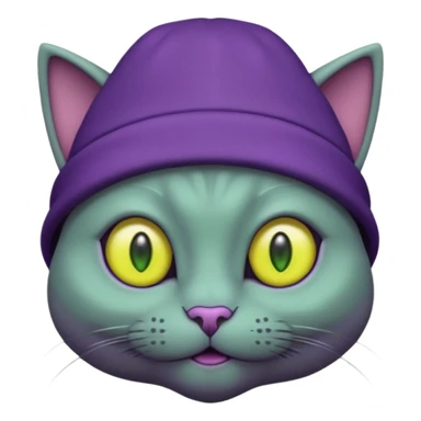 dark purple alien cat with no fur and yellow hat and big green eyes sticker