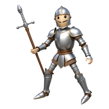 3D render of Knight Puppet as a wooden marionette puppet, Painted silver wood armor, strings, silver metal screw joints at elbows and knees, polished brown wood texture, rigid toy pose, emoji style, isolated on white background --v 6.0. sticker