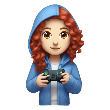 a white girl with long red curly hair, wearing periwinkle Minecraft hoodie holding a controller sticker