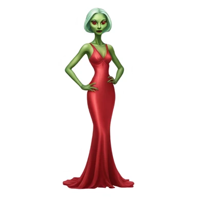 reptilian green alien woman, in long slim pastel red formal party satin dress with gradient shiny sparkling dark red, full figure, full body sticker