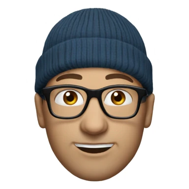 45 year old bald guy, blue eyes, black glasses and a beanie sticker