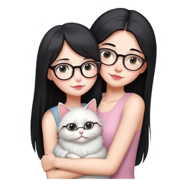 Skinny woman with oval glasses, long straight black hair, pink cheek blush, wearing white sleeveless top, hugging a grey Persian-Angora cat, plain background sticker
